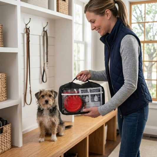 dog basic emergency survival kit showing woman holding the complete kit with her small dog in background