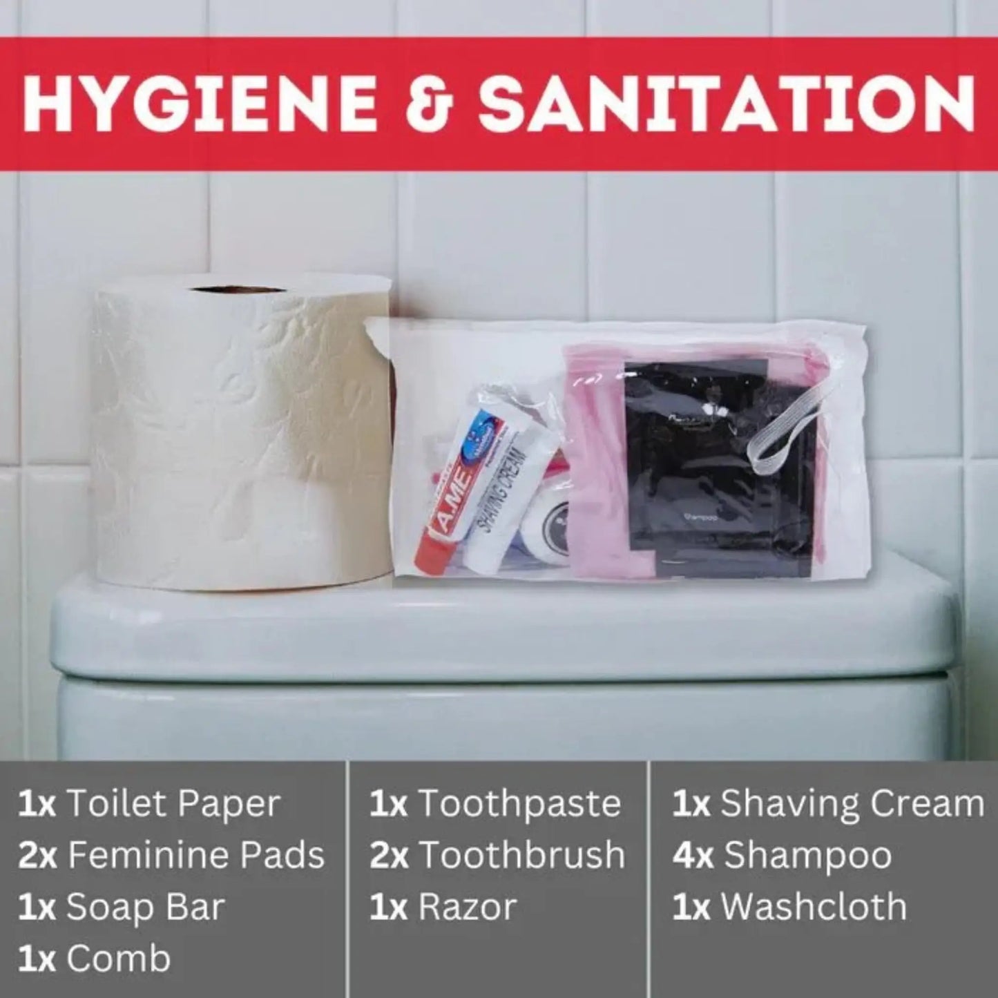 Urban Escape Gear 2 person hygiene kit contents including toothbrush soap and feminine pads