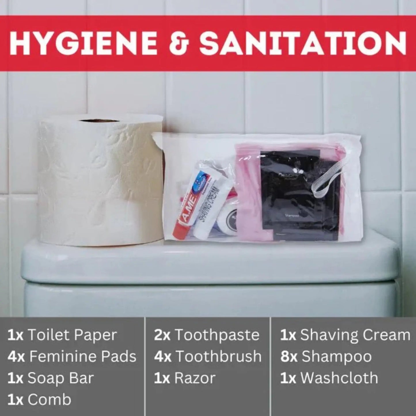Hygiene and sanitation supplies included in Urban Escape Gear disaster survival kit