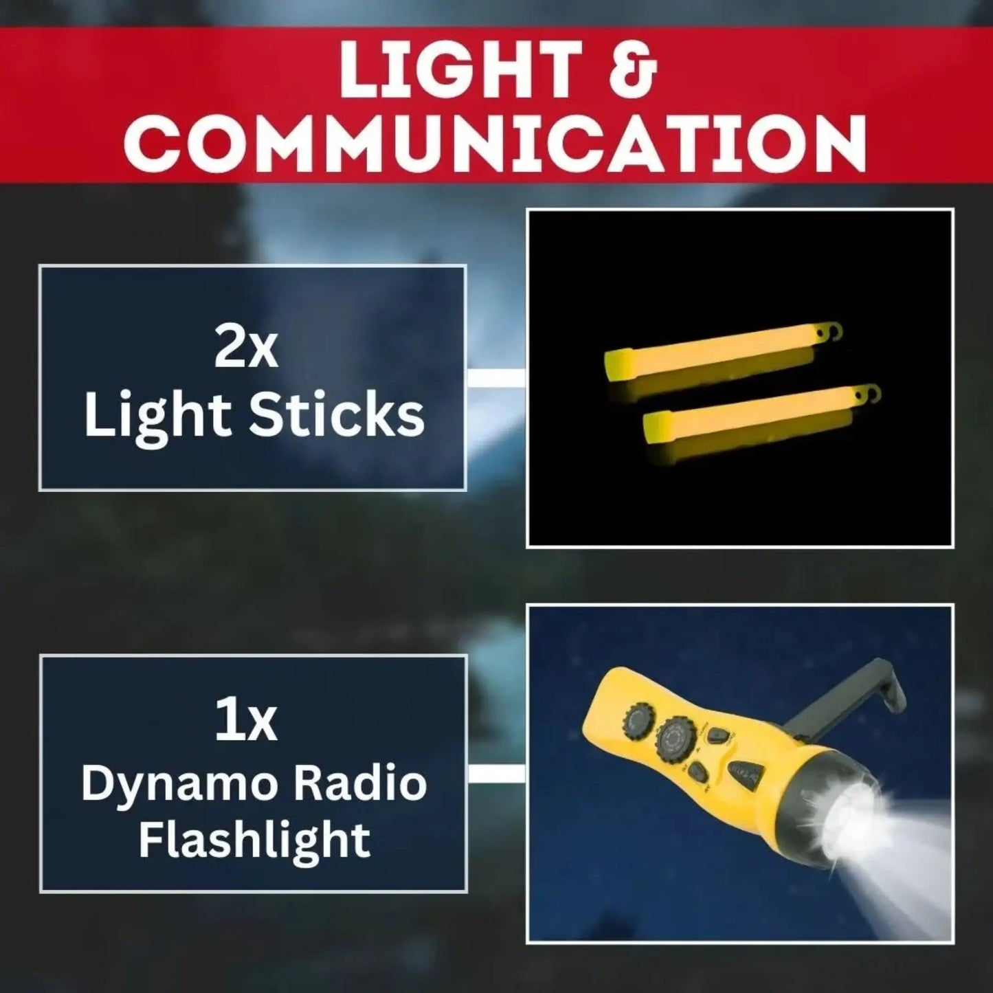 Light and communication items in 2-person Urban Escape Gear kit including dynamo flashlight and radio