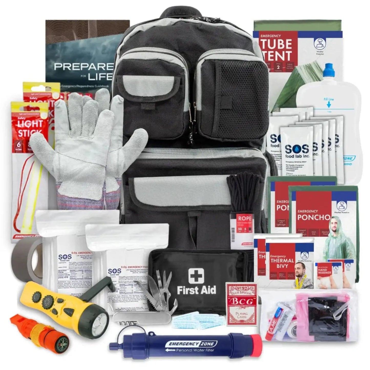Urban Escape Gear survival kit with full contents laid out including backpack, first aid, flashlight, and supplies