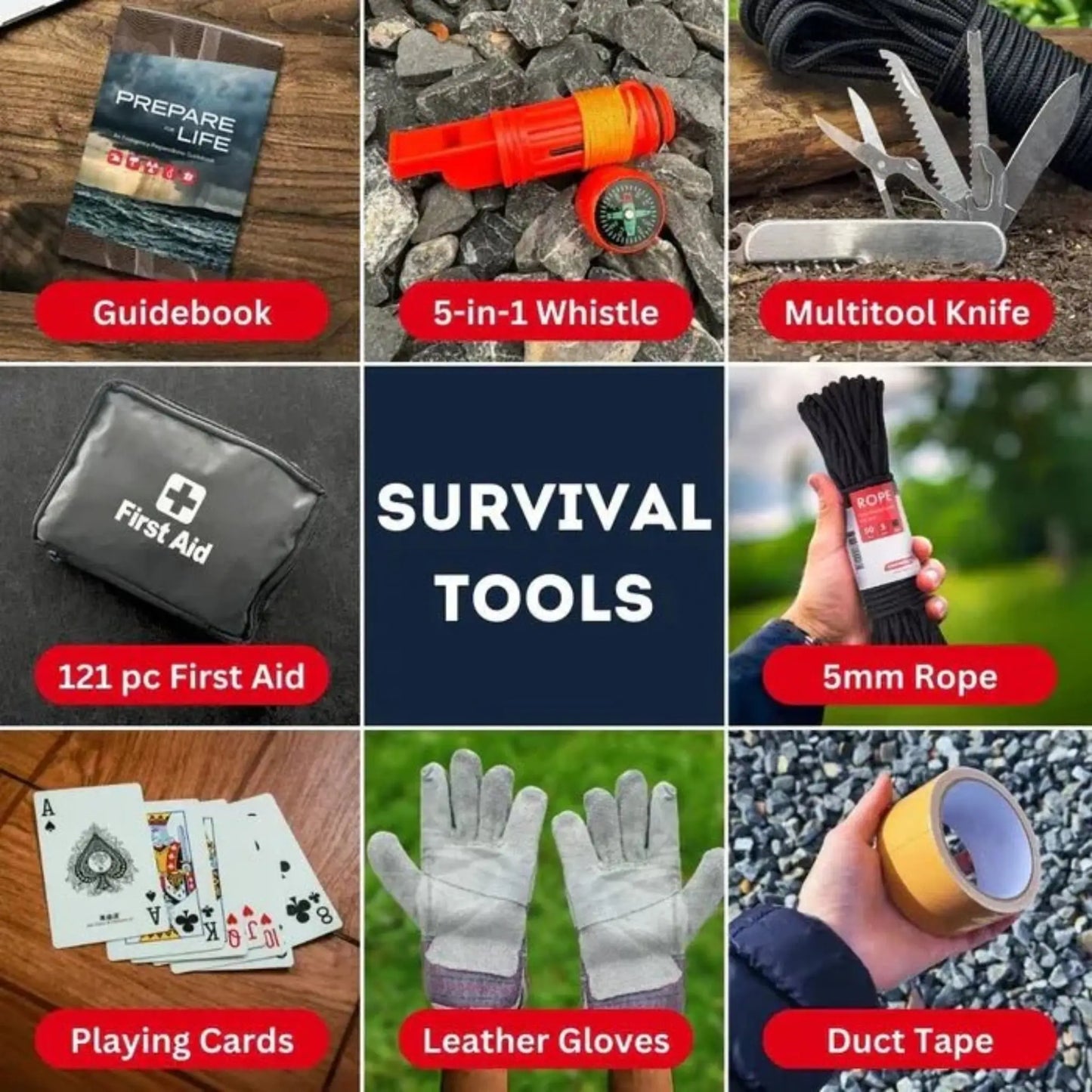 Survival tools contents included in Urban Escape Gear urban disaster kit