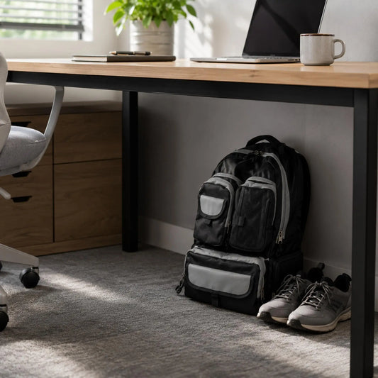 A black and gray backpack sits on the floor of a home office next to a wooden desk, with gray sneakers beside it and a mug and laptop on the desk surface.