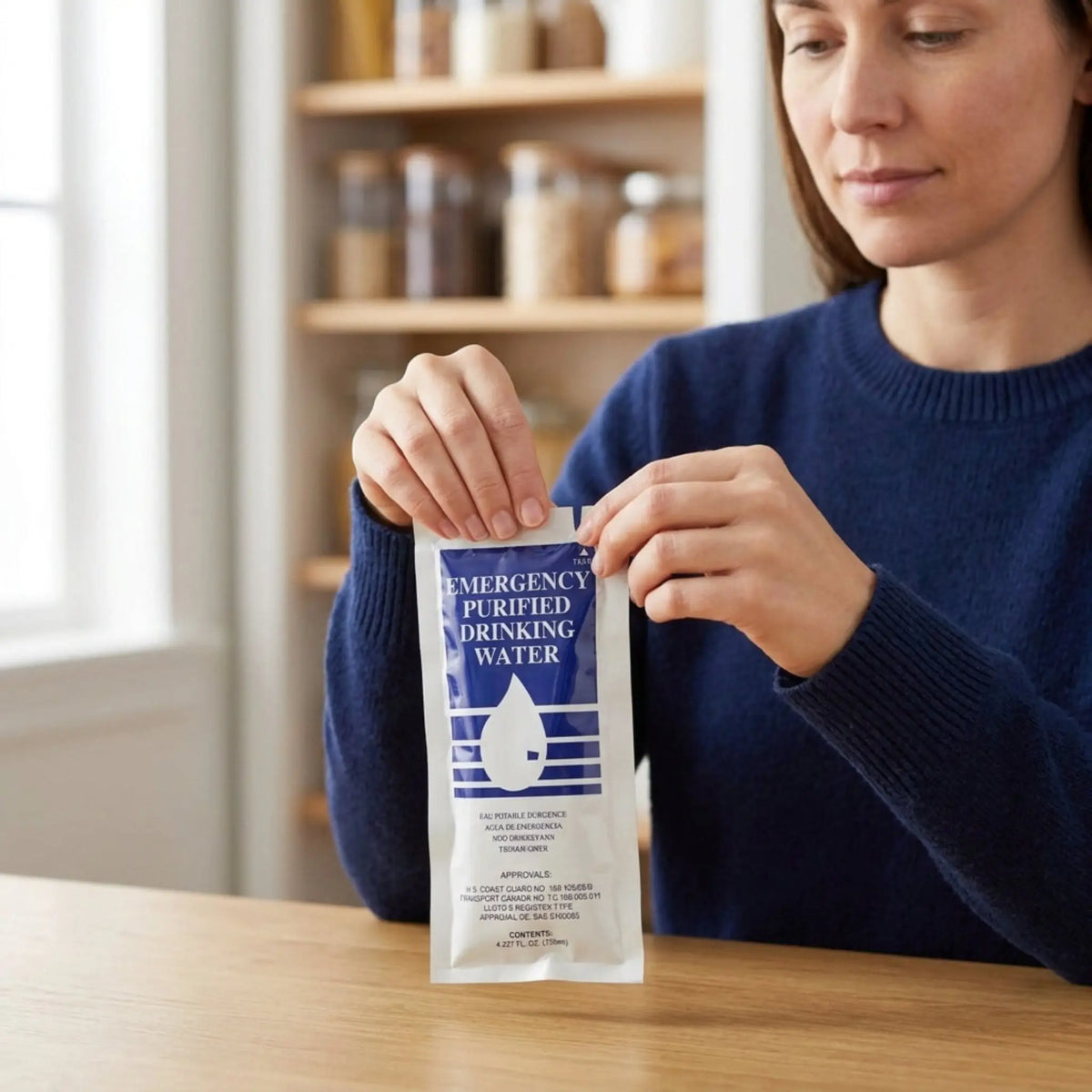 A woman in a navy blue sweater holds an emergency purified drinking water packet on a wooden table in a bright kitchen setting.