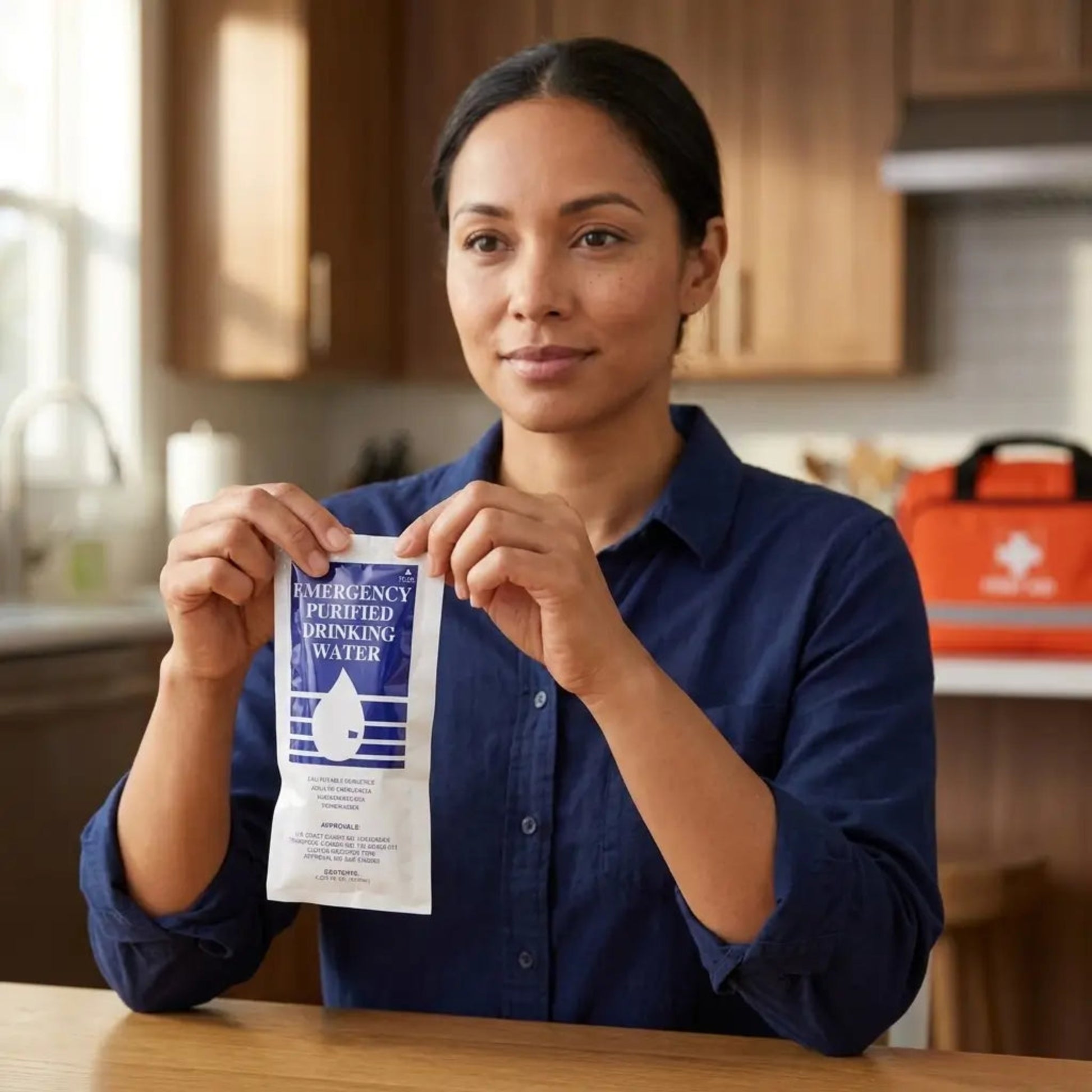 A woman in a navy blue shirt holds a packet of emergency purified drinking water in a kitchen setting.