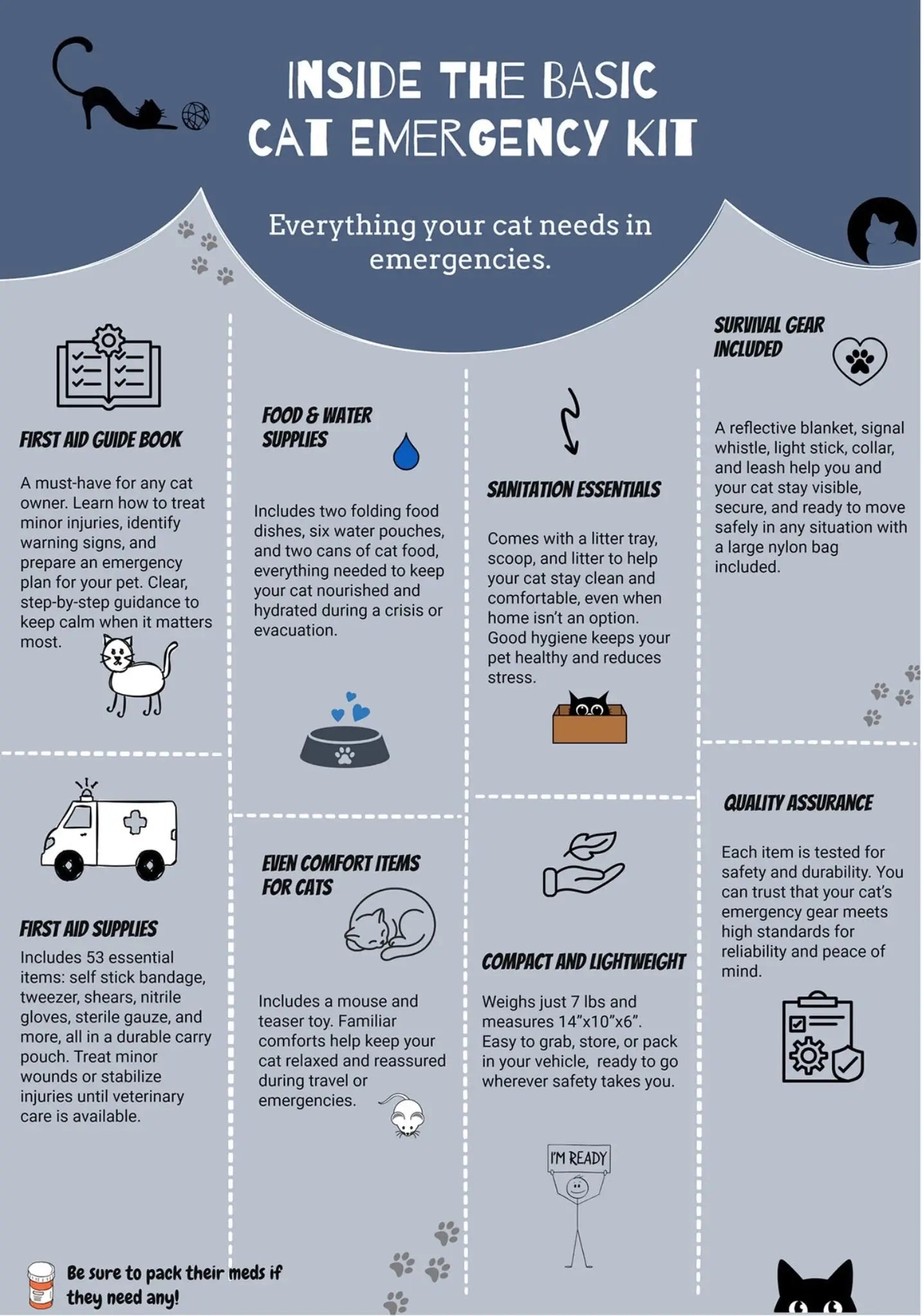 infographic listing full contents of basic cat emergency survival kit